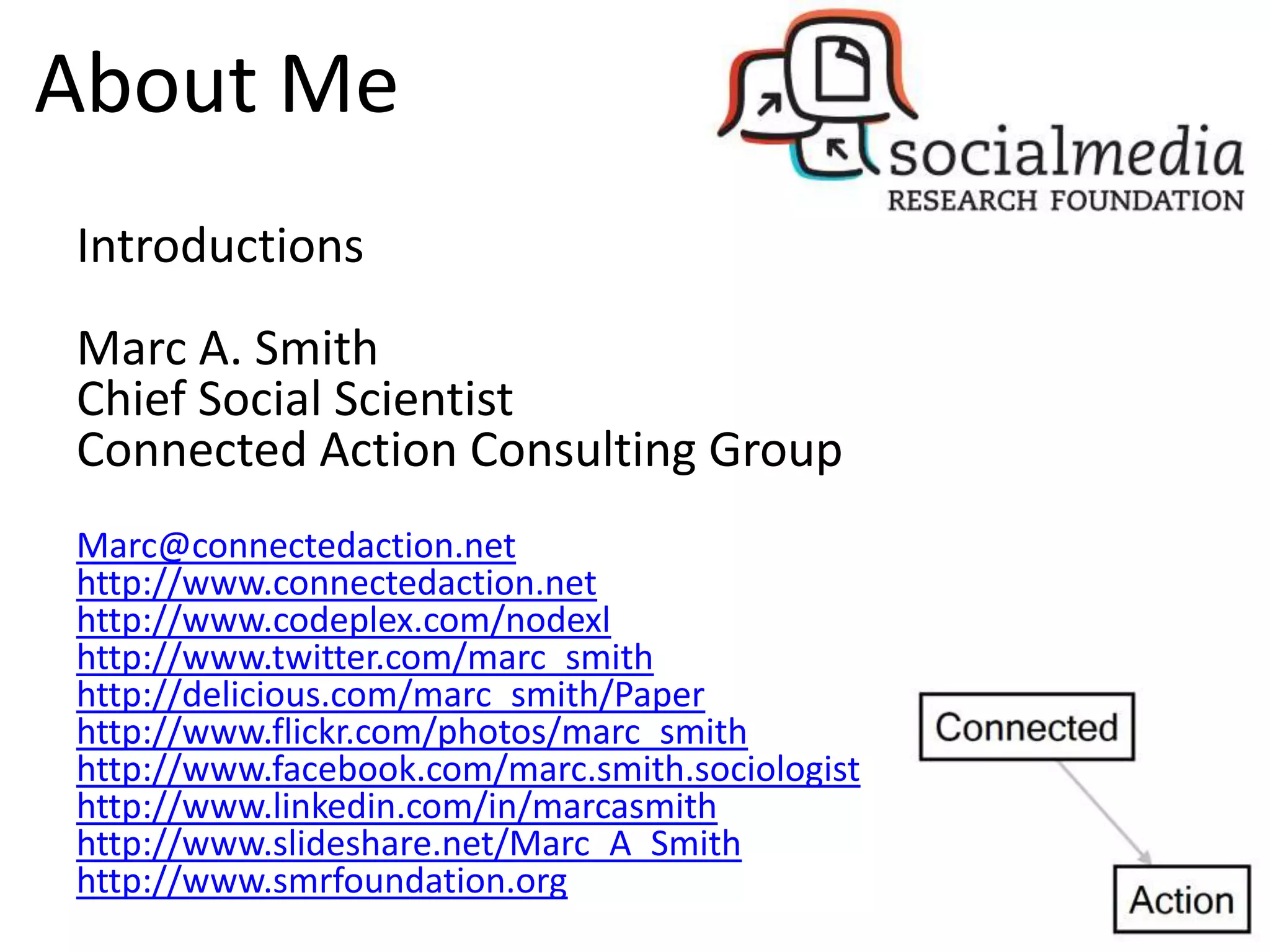About Me
Introductions
Marc A. Smith
Chief Social Scientist
Connected Action Consulting Group
Marc@connectedaction.net
http://www.connectedaction.net
http://www.codeplex.com/nodexl
http://www.twitter.com/marc_smith
http://delicious.com/marc_smith/Paper
http://www.flickr.com/photos/marc_smith
http://www.facebook.com/marc.smith.sociologist
http://www.linkedin.com/in/marcasmith
http://www.slideshare.net/Marc_A_Smith
http://www.smrfoundation.org
 