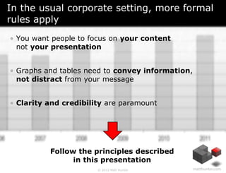 In the usual corporate setting, more formal
rules apply
• You want people to focus on your content
  not your presentation...