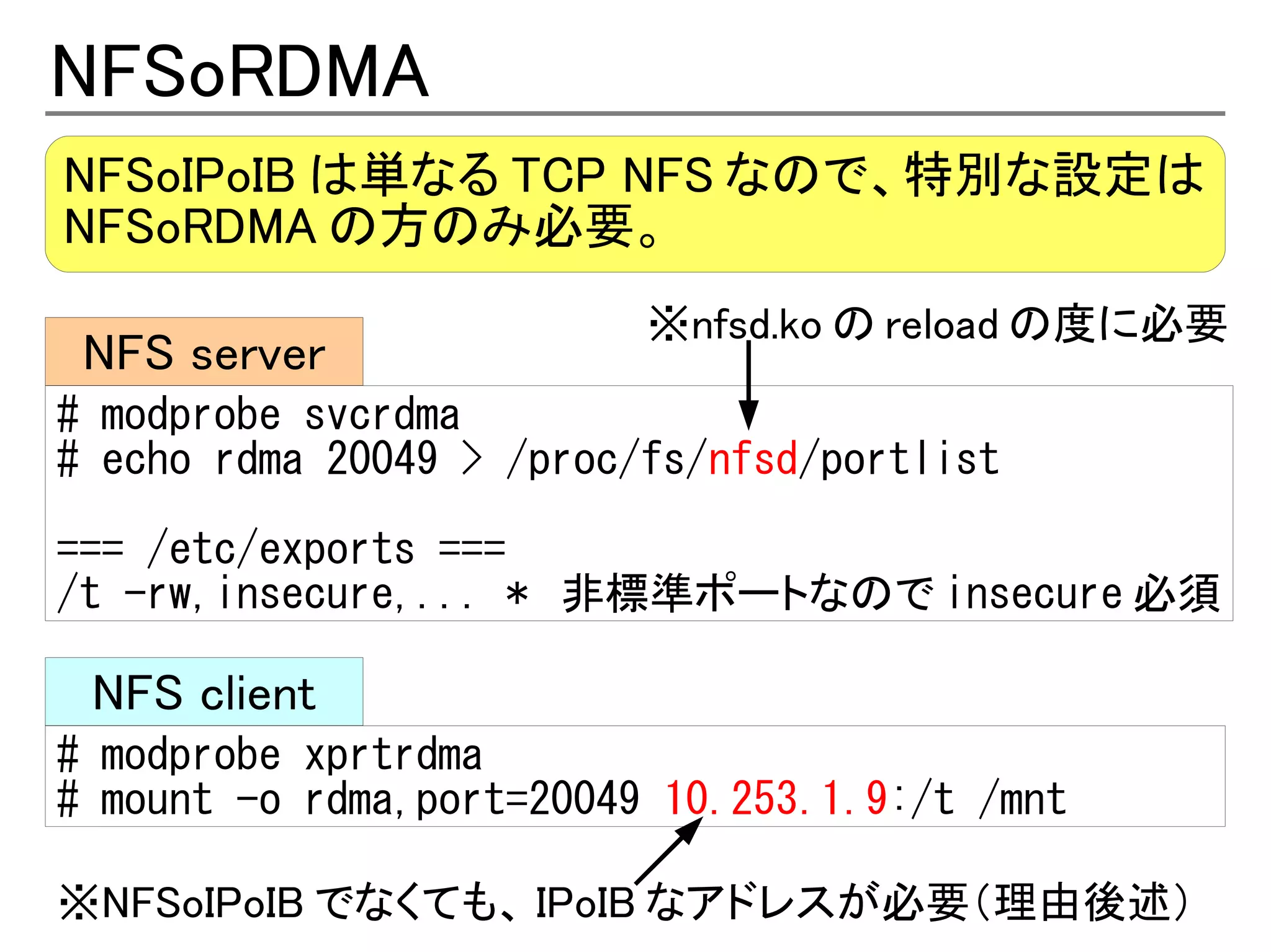 NFSoRDMA
NFSoIPoIB は単なる TCP NFS なので、特別な設定は
NFSoRDMA の方のみ必要。
                          ※nfsd.ko の reload の度に必要
 NFS server
# modprobe svcrdma
# echo rdma 20049 > /proc/fs/nfsd/portlist

=== /etc/exports ===
/t -rw,insecure,... * 非標準ポートなので insecure 必須

 NFS client
# modprobe xprtrdma
# mount -o rdma,port=20049 10.253.1.9:/t /mnt

※NFSoIPoIB でなくても、 IPoIB なアドレスが必要（理由後述）
 