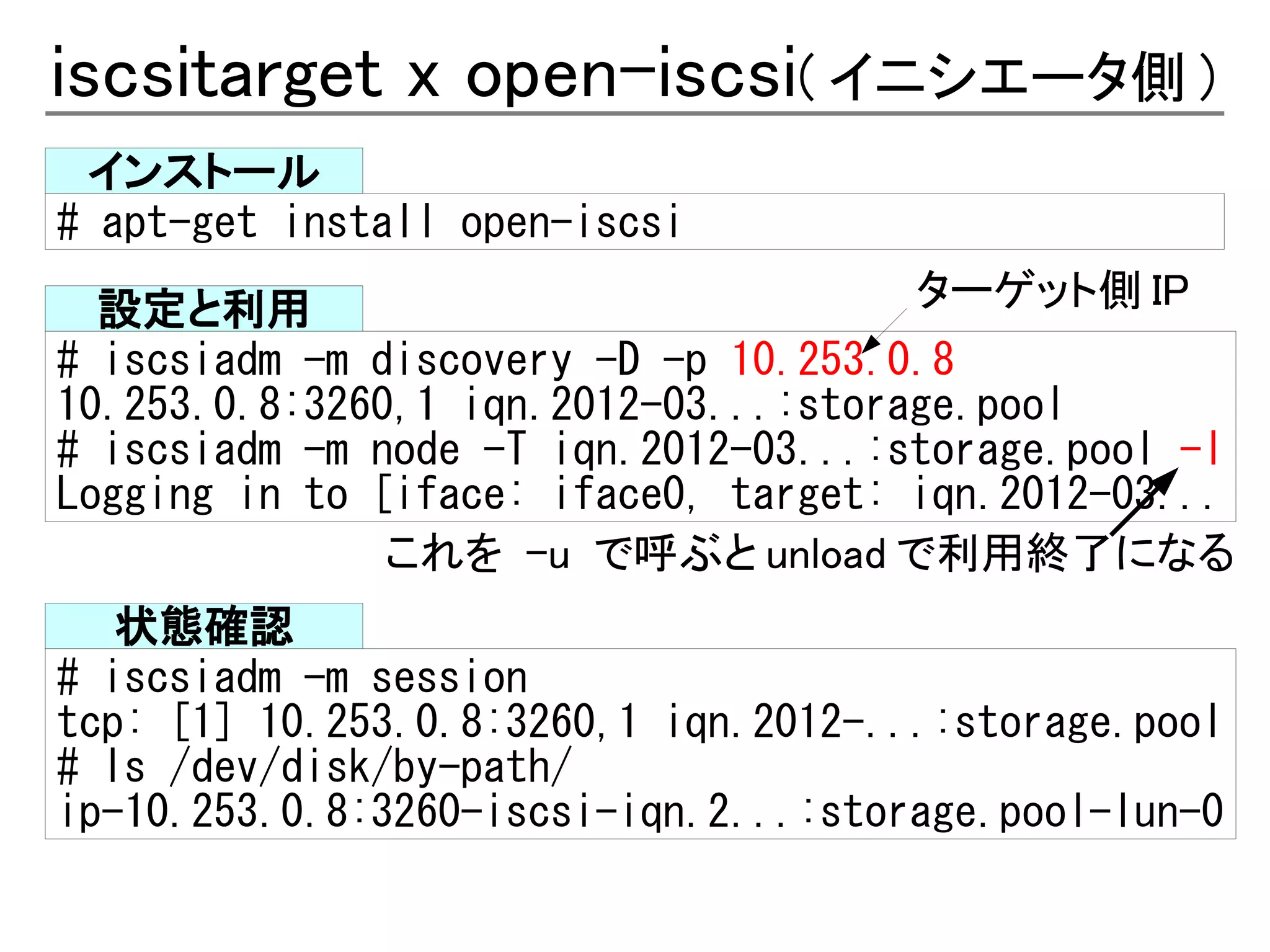 iscsitarget x open-iscsi( イニシエータ側 )
 インストール
# apt-get install open-iscsi
  設定と利用                               ターゲット側 IP
# iscsiadm -m discovery -D -p 10.253.0.8
10.253.0.8:3260,1 iqn.2012-03...:storage.pool
# iscsiadm -m node -T iqn.2012-03...:storage.pool -l
Logging in to [iface: iface0, target: iqn.2012-03...
               これを -u で呼ぶと unload で利用終了になる
   状態確認
# iscsiadm -m session
tcp: [1] 10.253.0.8:3260,1 iqn.2012-...:storage.pool
# ls /dev/disk/by-path/
ip-10.253.0.8:3260-iscsi-iqn.2...:storage.pool-lun-0
 