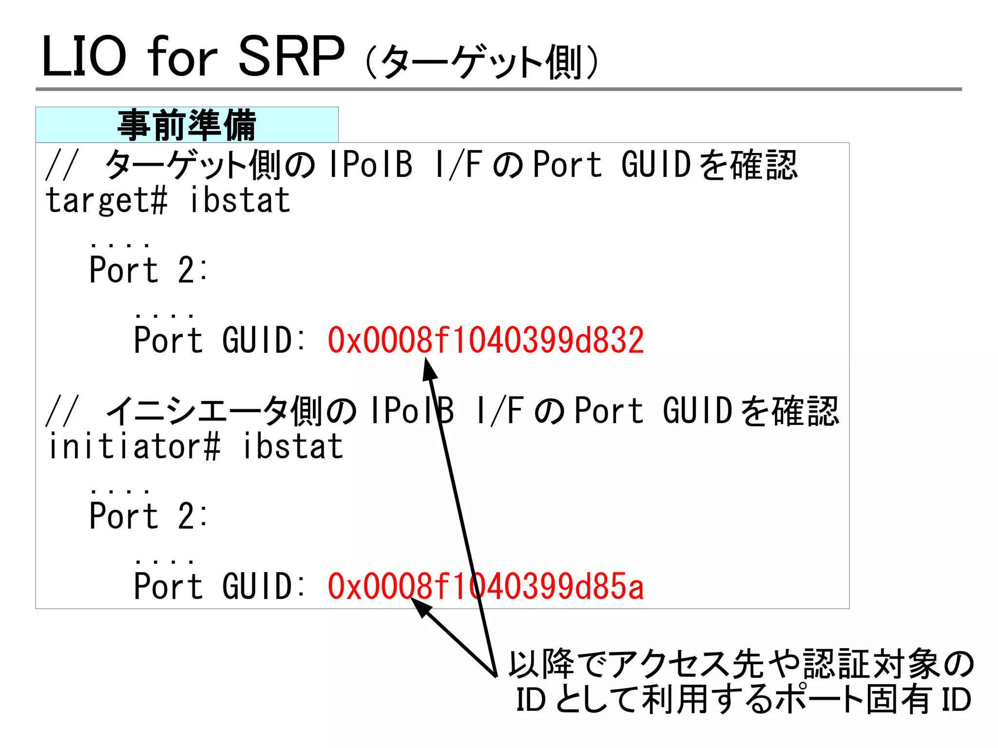 LIO for SRP （ターゲット側）
     事前準備
// ターゲット側の IPoIB I/F の Port GUID を確認
target# ibstat
   ....
   Port 2:
      ....
      Port GUID: 0x0008f1040399d832

// イニシエータ側の IPoIB I/F の Port GUID を確認
initiator# ibstat
   ....
   Port 2:
      ....
      Port GUID: 0x0008f1040399d85a

                     以降でアクセス先や認証対象の
                     ID として利用するポート固有 ID
 