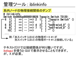 管理ツール : iblinkinfo
系内ノードの物理接続関係のダンプ
# iblinkinfo
Switch 0x0005ad0000018826 Topspin Switch TS120:
 6 1[ ] ==( … )==> 2 1[ ] "Topspin Switch" ()
     2[ ] ==( … )==>       [ ] "" ()
 6 8[ ] ==( … )==> 4 2[ ] "hn06-mlx4_0" ()
 6 9[ ] ==( … )==> 7 1[ ] "hn07-mlx4_0" ()
　 10[ ] ==( … )==>         [ ] "" ()
 ...
     例：「本スイッチ (LID:6) の物理ポート #1 が
        別スイッチ (LID:2) の物理ポート #1 と接続している」

テキストだけでは接続関係が判り難いですが、
ibdiagui を使うと GUI で表示させることもできます。
が、 X が必要。
 