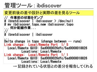 管理ツール : ibdiscover
変更前後の差や設計と実際の差を見るツール
// 作業前の状態をダンプ
# ibnetdiscover | ibdiscover > /dev/null
# mv ibdiscover.topo.new ibdiscover.topo
... 何か配線作業 ...
//
# ibnetdiscover | ibdiscover
...
Delta change in topo (change between … runs)
Link change: Local/Remote Port 1/ 5
   Local/Remote GUID: 5ad0000026dfc/5ad0000018826
           Locations: Local/Remote
Link change: Local/Remote Port 1/ 1
   Local/Remote GUID: 5ad0000026dfc/5ad0000018826
           Locations: Local/Remote
     → 記録されている状態との差分を報告してくれる
 