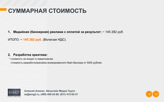 СУММАРНАЯ СТОИМОСТЬ


1. Медийная (баннерная) реклама с оплатой за результат: ~ 145 282 руб.

ИТОГО: ~ 145 282 руб. (Включая НДС).



2. Разработка креатива:
* стоимость не входит в предложение
 стоимость разработки/ресайза анимированного flash-баннера от 5000 рублей.




            Алексей Алехин, Эйнштейн Медиа Групп
            aa@emg2.ru, (499) 400-22-89, (831) 412-92-31                     <   >
 