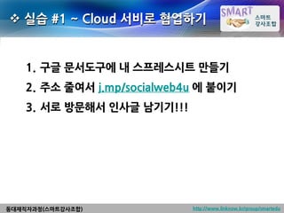  실습 #1 ~ Cloud 서비로 협업하기


    1. 구글 문서도구에 내 스프레스시트 만들기
    2. 주소 줄여서 j.mp/socialweb4u 에 붙이기
    3. 서로 방문해서 인사글 남기기!!!




동대재직자과정(스마트강사조합)             http://www.linknow.kr/group/smartedu
 