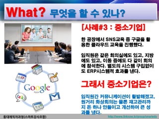 What? 무엇을 할 수 있나?
                   [사례#3 : 중소기업]
                   한 공장에서 SNS교육 중 구글을 활
                   용한 클라우드 교육을 진행했다.

                   임직원은 같은 회의실에도 있고, 지방
                   에도 있고, 이동 중에도 다 같이 회의
                   에 참석한다. 별도의 시스템 구입없이
                   도 ERP시스템적 효과를 낸다.


                   그래서 중소기업은?
                   임직원간 커뮤니케이션이 활발해졌고,
                   원거리 화상회의는 물론 재고관리까
                   지 돈 하나 안들이고 개선하여 큰 성
                   과를 냈다.
동대재직자과정(스마트강사조합)          http://www.linknow.kr/group/smartedu
 