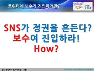  트위터에 보수가 진입하려면?




 SNS가 정권을 흔든다?
   보수여 진입하라!
      How?

동대재직자과정(스마트강사조합)    http://www.linknow.kr/group/smartedu
 