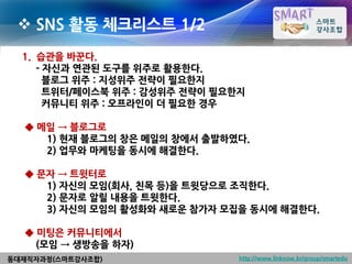  SNS 활동 체크리스트 1/2
  1. 습관을 바꾼다.
     - 자신과 연관된 도구를 위주로 활용한다.
       블로그 위주 : 지성위주 전략이 필요한지
       트위터/페이스북 위주 : 감성위주 전략이 필요한지
       커뮤니티 위주 : 오프라인이 더 필요한 경우

  ◆ 메일 → 블로그로
     1) 현재 블로그의 창은 메일의 창에서 출발하였다.
     2) 업무와 마케팅을 동시에 해결한다.

  ◆ 문자 → 트윗터로
     1) 자신의 모임(회사, 친목 등)을 트윗당으로 조직한다.
     2) 문자로 알릴 내용을 트윗한다.
     3) 자신의 모임의 활성화와 새로운 참가자 모집을 동시에 해결한다.

  ◆ 미팅은 커뮤니티에서
    (모임 → 생방송을 하자)
동대재직자과정(스마트강사조합)                 http://www.linknow.kr/group/smartedu
 