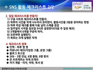  SNS 활동 체크리스트 2/2

  2. 일일 체크리스트를 만들자!
   1) 구글 시트로 체크리스트를 만들자.
   2) 하루의 시간을 작게 나누어서 관리한다. 활동시간을 3등분 관리하는 방법
   3) 하루 마감 체크를 통해 다음 날의 스케줄 점검
   4) 일주일의 시작을 일요일 9시로 설정한다(다음 주 일정 체크)
   5) 3개월에서 6개월 꾸준히 하자.
   6) 오픈하면 실행된다.
   7) 목표는 크게 실행은 작게

  ※ 체크리스트 항목
  ◆ 인맥 – 하루 몇 명
  ◆ 커뮤니티 체크(가입한 그룹, 운영 그룹)
  ◆ 블로그 포스팅
  ◆ 369 – 3명 만남, 6명 통화, 9명 편지
  ◆ 큰 프로젝트는 작게 쪼개라
  ◆ 자기 계발 – 타자, 어학, 독서 등

동대재직자과정(스마트강사조합)                http://www.linknow.kr/group/smartedu
 