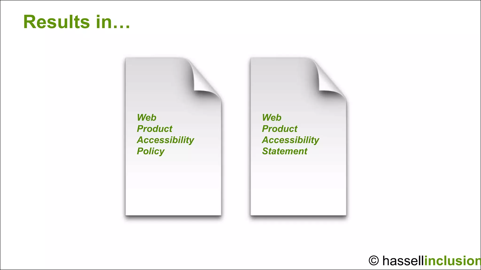 Results in…



              Web             Web
              Product         Product
              Accessibility   Accessibility
              Policy          Statement




                                              © hassellinclusion
 