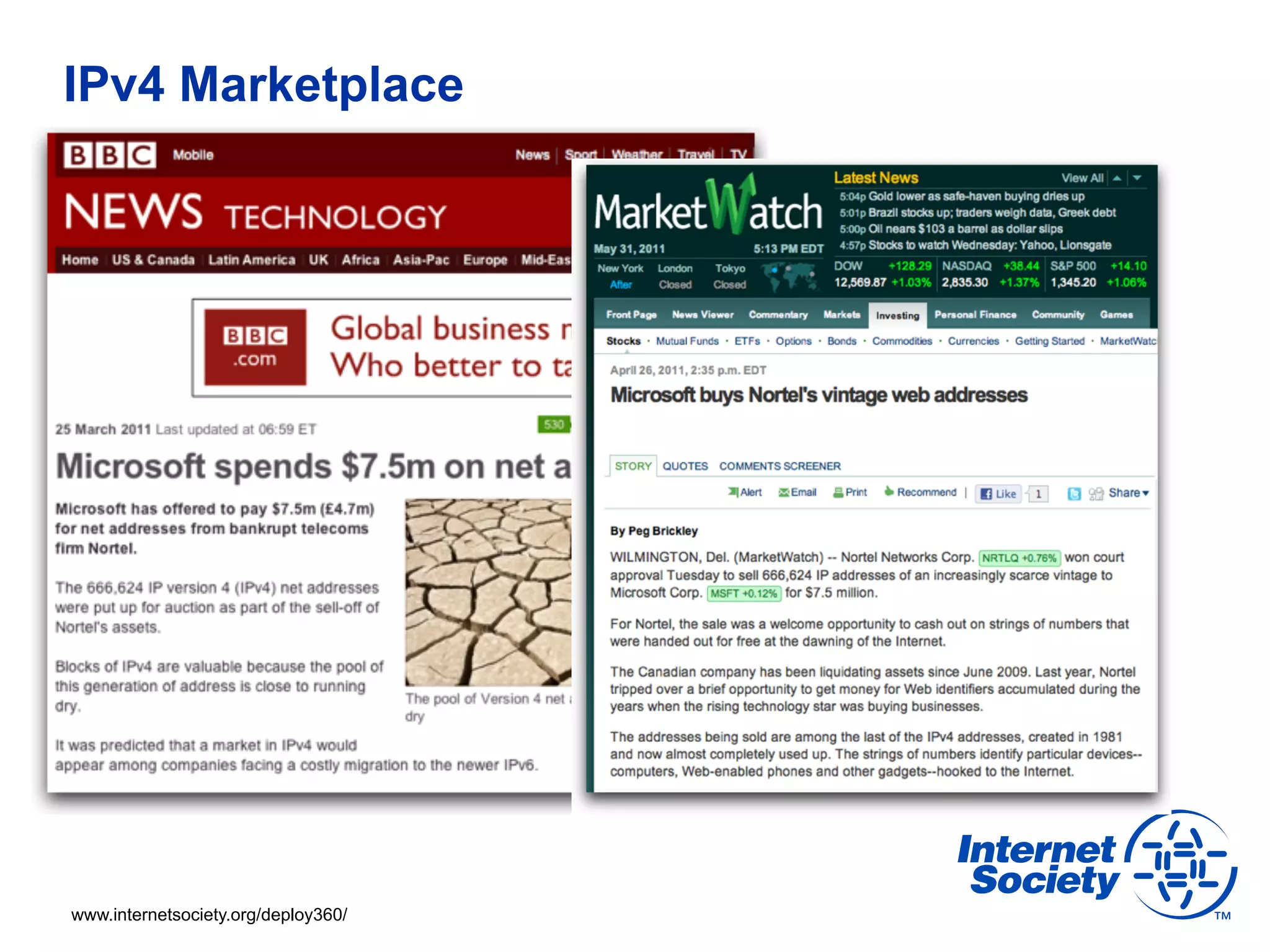 IPv4 Marketplace




www.internetsociety.org/deploy360/
 