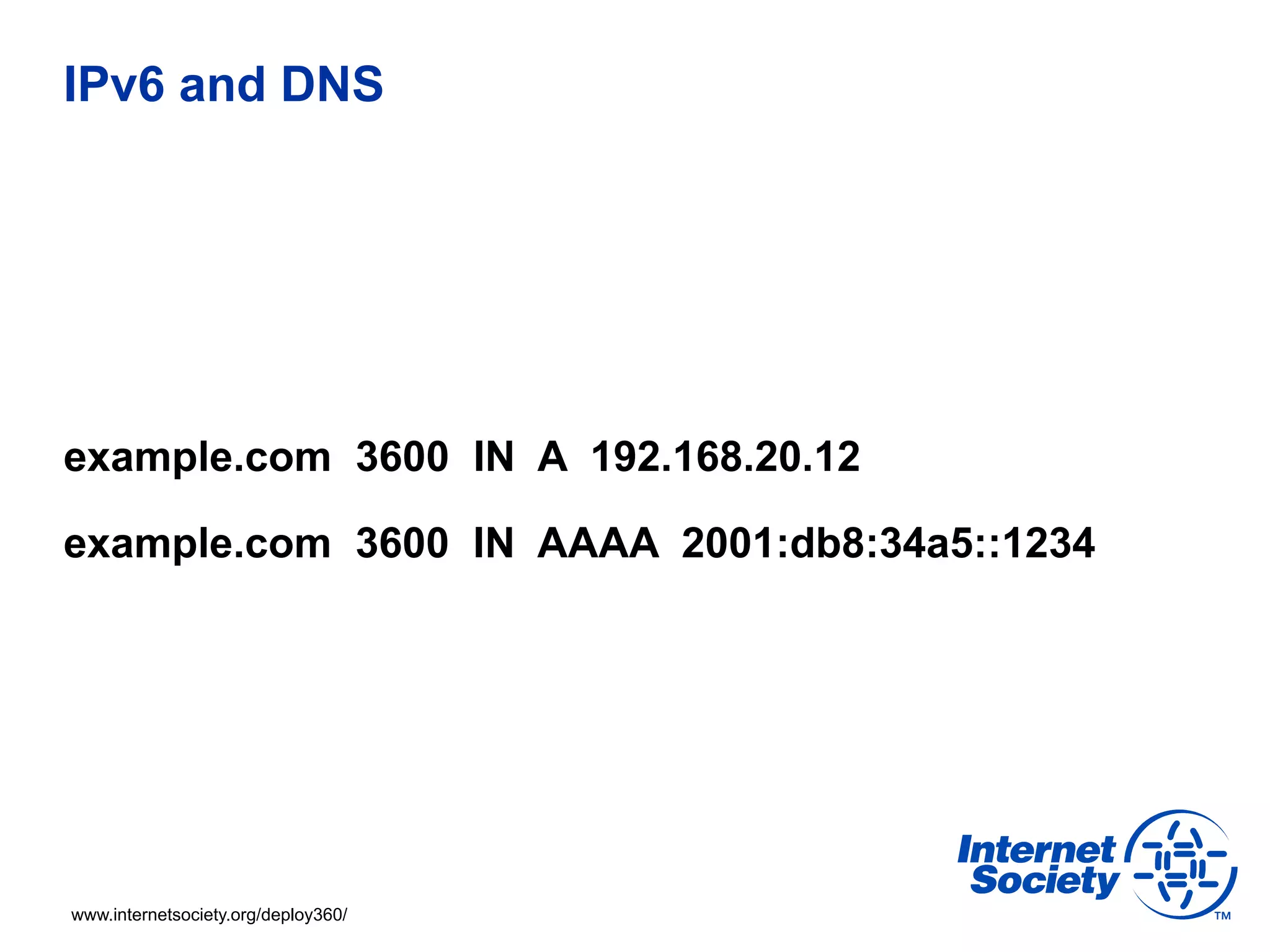 IPv6 and DNS




example.com 3600 IN A 192.168.20.12

example.com 3600 IN AAAA 2001:db8:34a5::1234




www.internetsociety.org/deploy360/
 