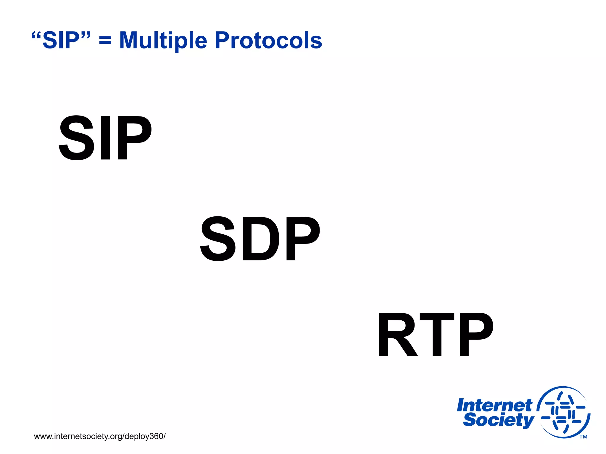 “SIP” = Multiple Protocols



     SIP
                                     SDP
                                           RTP
www.internetsociety.org/deploy360/
 