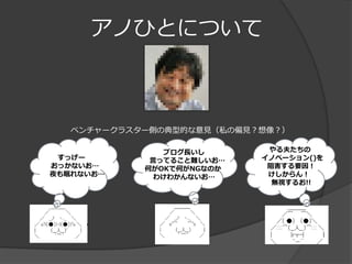 アノひとについて



   ベンチャークラスター側の典型的な意見（私の偏見？想像？）

               ブログ長いし       やる夫たちの
 すっげー        言ってること難しいお…   イノベーション()を
おっかないお…     何がOKで何がNGなのか    阻害する要因！
夜も眠れないお…      わけわかんないお…     けしからん！
                             無視するお!!
 