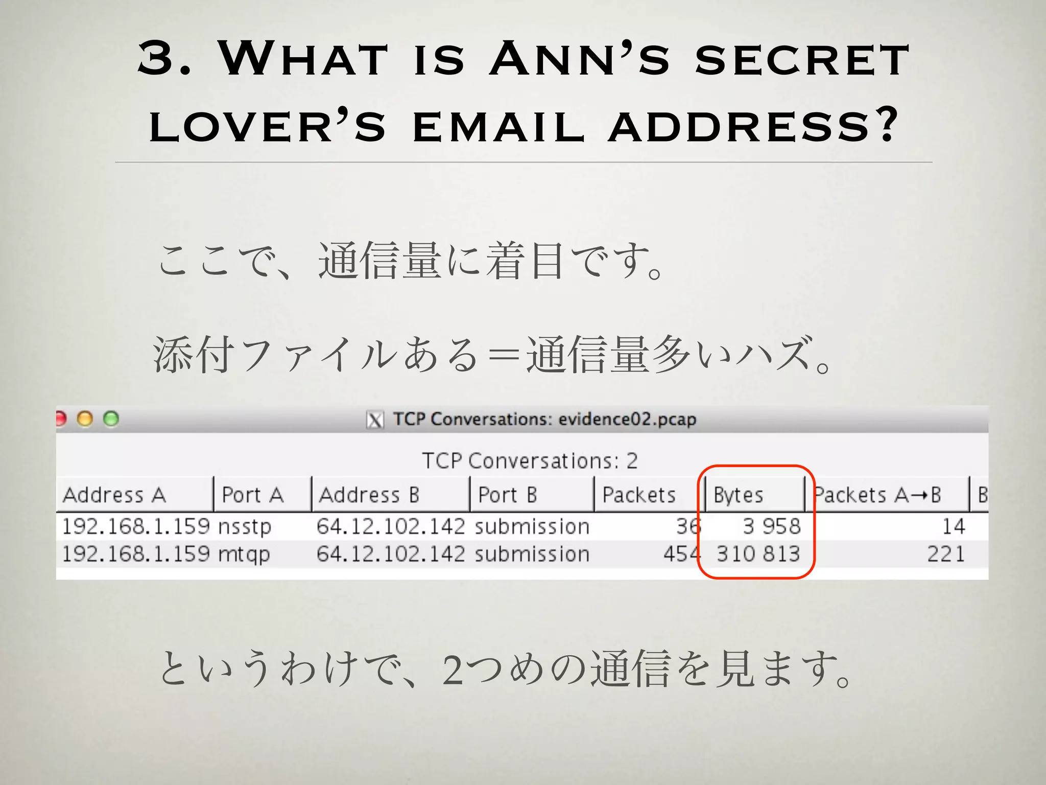 3. What is Ann’s secret
lover’s email address?

ここで、通信量に着目です。

添付ファイルある＝通信量多いハズ。




というわけで、2つめの通信を見ます。
 