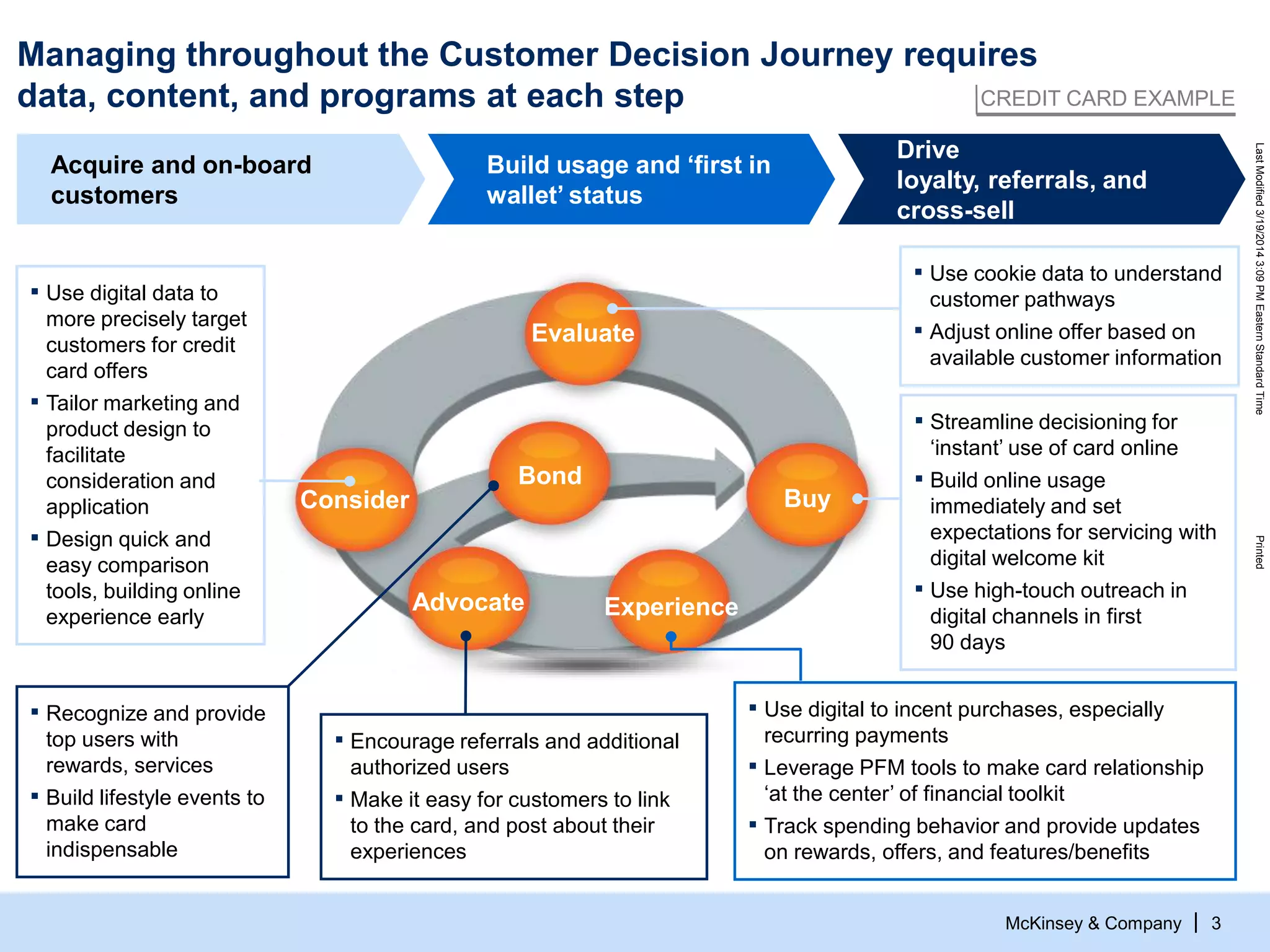 McKinsey & Company
LastModified3/19/20143:09PMEasternStandardTimePrinted
| 3
Managing throughout the Customer Decision Journey requires
data, content, and programs at each step
▪ Recognize and provide
top users with
rewards, services
▪ Build lifestyle events to
make card
indispensable
▪ Use digital data to
more precisely target
customers for credit
card offers
▪ Tailor marketing and
product design to
facilitate
consideration and
application
▪ Design quick and
easy comparison
tools, building online
experience early
▪ Use cookie data to understand
customer pathways
▪ Adjust online offer based on
available customer information
▪ Streamline decisioning for
„instant‟ use of card online
▪ Build online usage
immediately and set
expectations for servicing with
digital welcome kit
▪ Use high-touch outreach in
digital channels in first
90 days
▪ Use digital to incent purchases, especially
recurring payments
▪ Leverage PFM tools to make card relationship
„at the center‟ of financial toolkit
▪ Track spending behavior and provide updates
on rewards, offers, and features/benefits
▪ Encourage referrals and additional
authorized users
▪ Make it easy for customers to link
to the card, and post about their
experiences
Acquire and on-board
customers
Build usage and ‘first in
wallet’ status
Drive
loyalty, referrals, and
cross-sell
Evaluate
Buy
Experience
Bond
Advocate
Consider
CREDIT CARD EXAMPLE
 