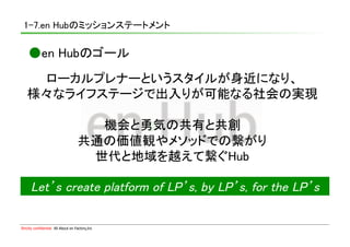 1-7.en Hubのミッションステートメント	

    ●en Hubのゴール	
     ローカルプレナーというスタイルが身近になり、	
    様々なライフステージで出入りが可能なる社会の実現	

                                      機会と勇気の共有と共創	
                                    共通の価値観やメソッドでの繋がり	
                                     世代と地域を越えて繋ぐHub	

      Let’s create platform of LP’s, by LP’s, for the LP’s	

Strictly confidential　All About en Factory,Inc
 