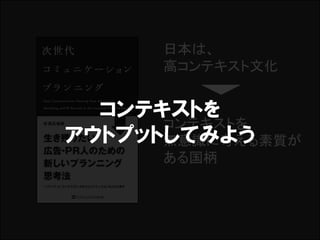 日本は、
      高コンテキスト文化


  コンテキストを
      コンテキストを
アウトプットしてみよう
      無意識に考える素質が
      ある国柄
 