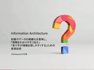 Information Architecture
知識やデータの組織化を意味し、
「情報をわかりやすく伝え」
「受け手が情報を探しやすくする」ための
表現技術

※Wikipediaより引用
 