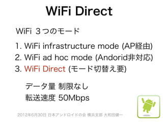 WiFi Direct
WiFi ３つのモード
1. WiFi infrastructure mode (AP経由)
2. WiFi ad hoc mode (Andorid非対応)
3. WiFi Direct (モード切替え要)

  データ量 制限なし
  転送速度 50Mbps

2012年6月30日 日本アンドロイドの会 横浜支部 大和田健一
 