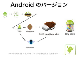 Android のバージョン




                                   Jelly Bean




2012年6月30日 日本アンドロイドの会 横浜支部 大和田健一
 