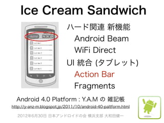 Ice Cream Sandwich
                           ハード関連 新機能
                            Android Beam
                            WiFi Direct
                           UI 統合 (タブレット)
                            Action Bar
                            Fragments
  Android 4.0 Platform : Y.A.M の 雑記帳
http://y-anz-m.blogspot.jp/2011/10/android-40-paltform.html

  2012年6月30日 日本アンドロイドの会 横浜支部 大和田健一
 