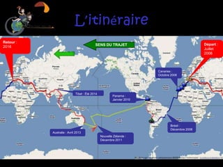 L’itinéraire
Retour :
                                          SENS DU TRAJET                                     Départ :
2016
                                                                                             Juillet
                                                                                             2008



                                                                      Canaries :
                                                                      Octobre 2008




                            Tibet : Été 2014
                                                       Panama :
                                                       Janvier 2010




                                                                             Brésil :
                                                                             Décembre 2008
           Australie : Avril 2013
                                               Nouvelle Zélande :
                                               Décembre 2011
 