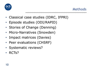 Methods

•  Classical case studies (IDRC, IFPRI)
•  Episode studies (ODI/RAPID)
•  Stories of Change (Denning)
•  Micro-Narratives (Snowden)
•  Impact matrices (Davies)
•  Peer evaluations (CHSRF)
•  Systematic reviews?
•  RCTs?


10
 
