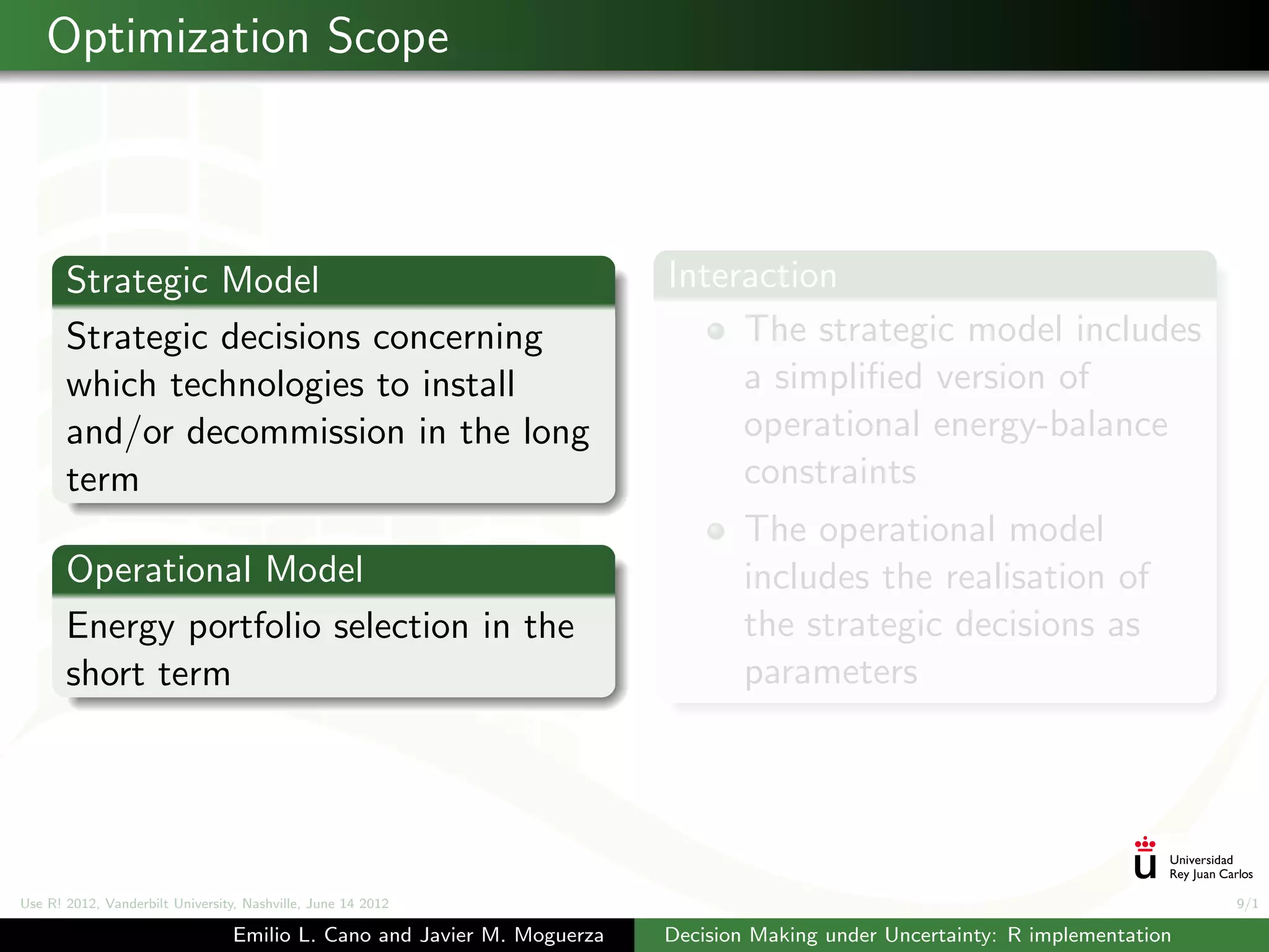 Optimization Scope



       Strategic Model                                                   Interaction
       Strategic decisions concerning                                         The strategic model includes
       which technologies to install                                          a simpliﬁed version of
       and/or decommission in the long                                        operational energy-balance
       term                                                                   constraints
                                                                                The operational model
       Operational Model                                                        includes the realisation of
       Energy portfolio selection in the                                        the strategic decisions as
       short term                                                               parameters




Use R! 2012, Vanderbilt University, Nashville, June 14 2012                                                                    9/1

                                 Emilio L. Cano and Javier M. Moguerza   Decision Making under Uncertainty: R implementation
 