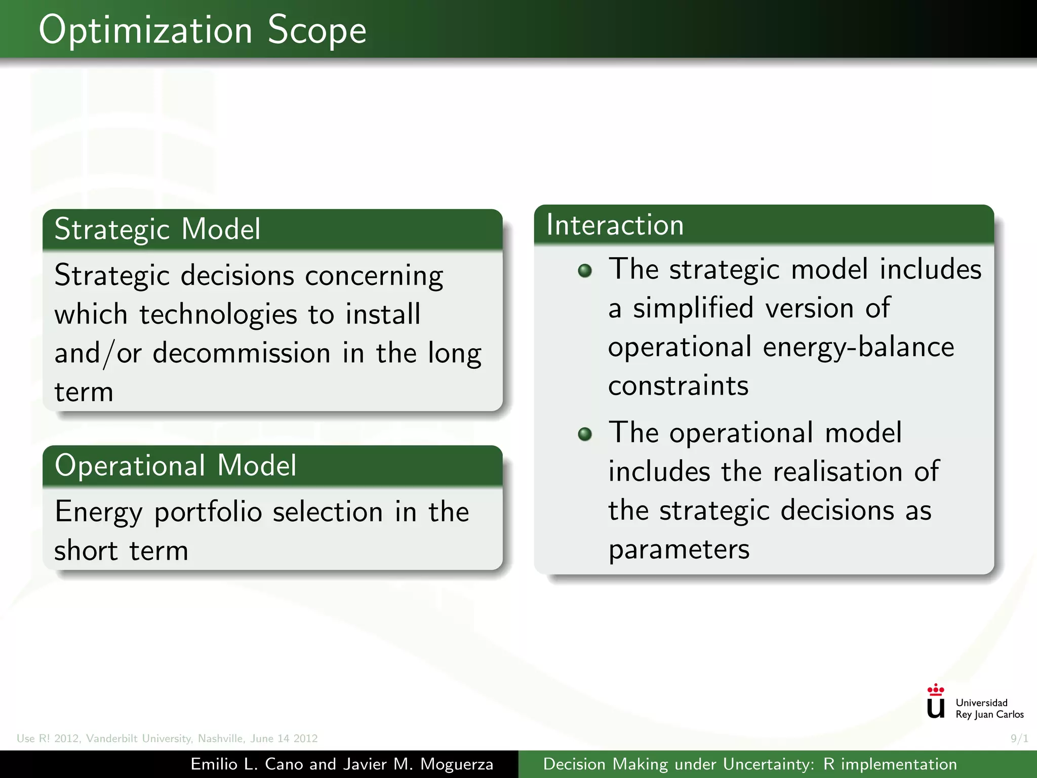 Optimization Scope



       Strategic Model                                                   Interaction
       Strategic decisions concerning                                         The strategic model includes
       which technologies to install                                          a simpliﬁed version of
       and/or decommission in the long                                        operational energy-balance
       term                                                                   constraints
                                                                                The operational model
       Operational Model                                                        includes the realisation of
       Energy portfolio selection in the                                        the strategic decisions as
       short term                                                               parameters




Use R! 2012, Vanderbilt University, Nashville, June 14 2012                                                                    9/1

                                 Emilio L. Cano and Javier M. Moguerza   Decision Making under Uncertainty: R implementation
 