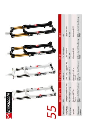 55             55 RC3 EVO V2 TI              55 Micro STA                  55 CR                          55 R
Travel (mm):   170                           160->120                      170 (150 w/spacer)             160
Weight (gr):   2438 (2450 Tap)axle incl.     2300 (2340 Tap) axle incl.    2280 axle incl.                2536 axle incl.
Damping:       RC3 EVO V.2 | TI Spring       TST Micro | Switch TA         CR | AER                       R | COIL

Steerer:       Aluminum 1-1/8” or            Aluminum 1-1/8” or            Aluminum 1-1/8”                Aluminum 1-1/8”
               Tapered                       Tapered

Stanchions:    Ø35mm Alu. Nickel Treatment   Ø35mm Alu. Nickel Treatment   Ø35mm Alu. Gold Race Coating   Ø35mm Alu. Gold Race Coating
Lowers:        QR20                          QR20                          QR20                           QR20
 