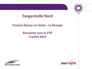 Tangentielle Nord
Tronçon Épinay sur Seine – Le Bourget
Rencontre avec le STIF
5 Juillet 2012

 