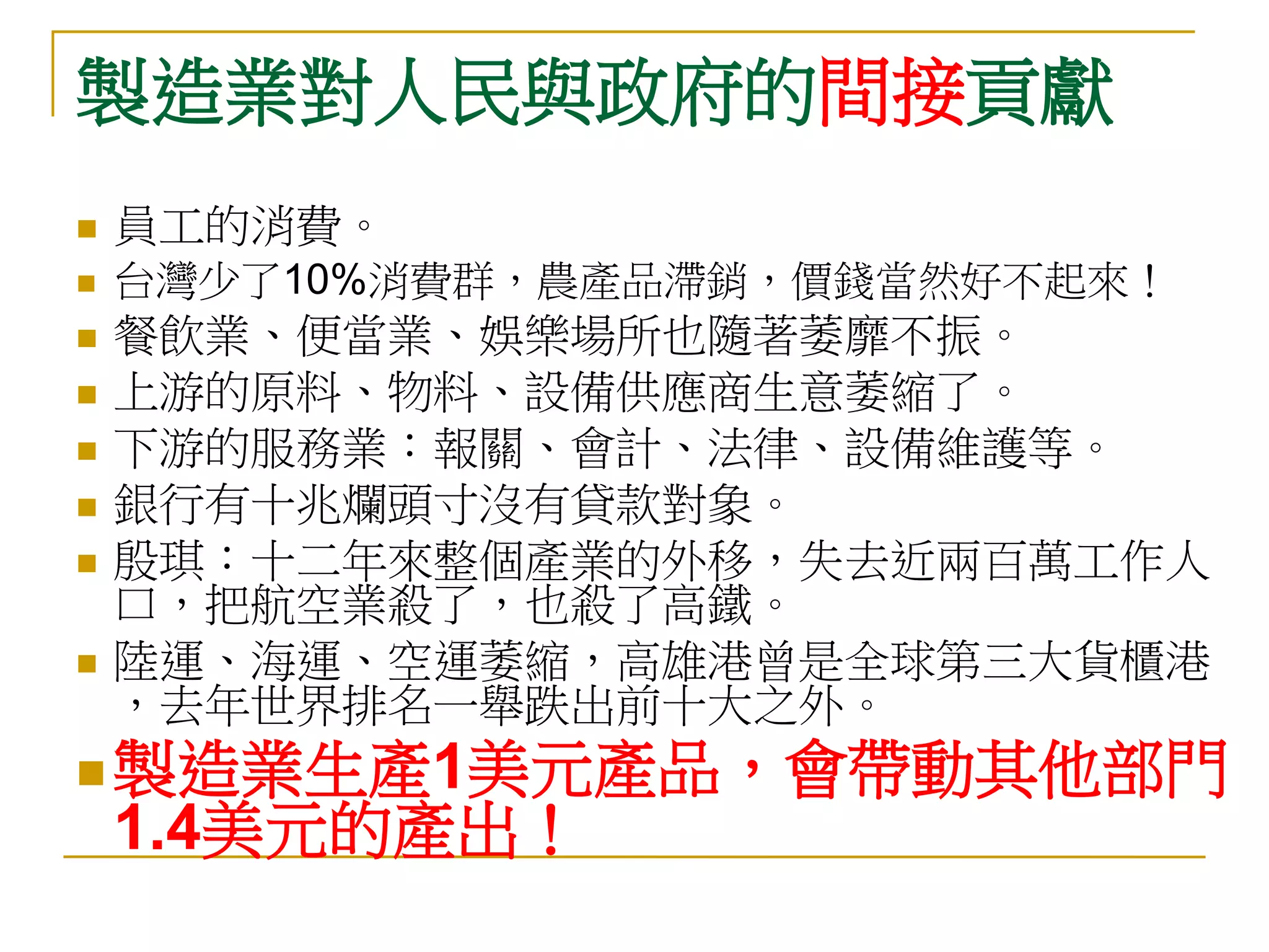 製造業對人民與政府的間接貢獻
   員工的消費。
   台灣少了10%消費群，農產品滯銷，價錢當然好不起來！
   餐飲業、便當業、娛樂場所也隨著萎靡不振。
   上游的原料、物料、設備供應商生意萎縮了。
   下游的服務業：報關、會計、法律、設備維護等。
   銀行有十兆爛頭寸沒有貸款對象。
   殷琪：十二年來整個產業的外移，失去近兩百萬工作人
    口，把航空業殺了，也殺了高鐵。
   陸運、海運、空運萎縮，高雄港曾是全球第三大貨櫃港
    ，去年世界排名一舉跌出前十大之外。
 製造業生產1美元產品，會帶動其他部門
    1.4美元的產出！
 