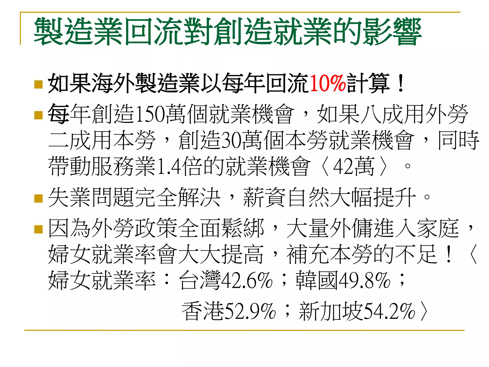 製造業回流對創造就業的影響
 如果海外製造業以每年回流10%計算！

 每年創造150萬個就業機會，如果八成用外勞
  二成用本勞，創造30萬個本勞就業機會，同時
  帶動服務業1.4倍的就業機會〈42萬〉。
 失業問題完全解決，薪資自然大幅提升。

 因為外勞政策全面鬆綁，大量外傭進入家庭，
  婦女就業率會大大提高，補充本勞的不足！〈
  婦女就業率：台灣42.6%；韓國49.8%；
          香港52.9%；新加坡54.2%〉
 