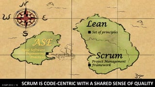 Lean
                                             Set of principles



                        ASE
                  Agile Software
                    Engineering
                       Practices               Scrum
                                             Project Management
                                             Framework




© SAP 2012 | 19   SCRUM IS CODE-CENTRIC WITH A SHARED SENSE OF QUALITY
 