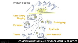 Product Backlog


                                     Product
                                      Vision

                  User Story
                     Mapping
                                                     Prototyping
                  Personas
                                                 Synthesis

                  Teams                        User Research


© SAP 2012 | 36       COMBINING DESIGN AND DEVELOPMENT IN PRACTICE
 