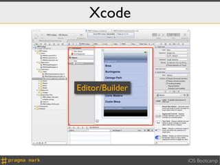 Xcode



Editor/Builder




                 iOS Bootcamp
 