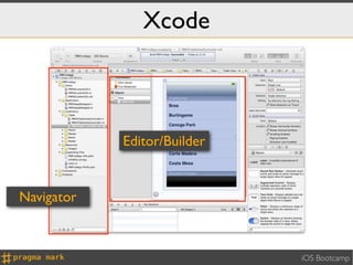Xcode



            Editor/Builder


Navigator



                             iOS Bootcamp
 