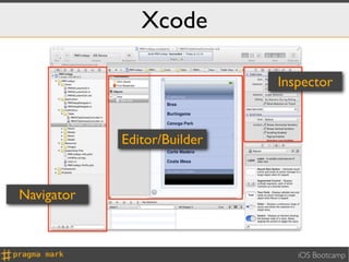 Xcode

                             Inspector



            Editor/Builder


Navigator



                                iOS Bootcamp
 