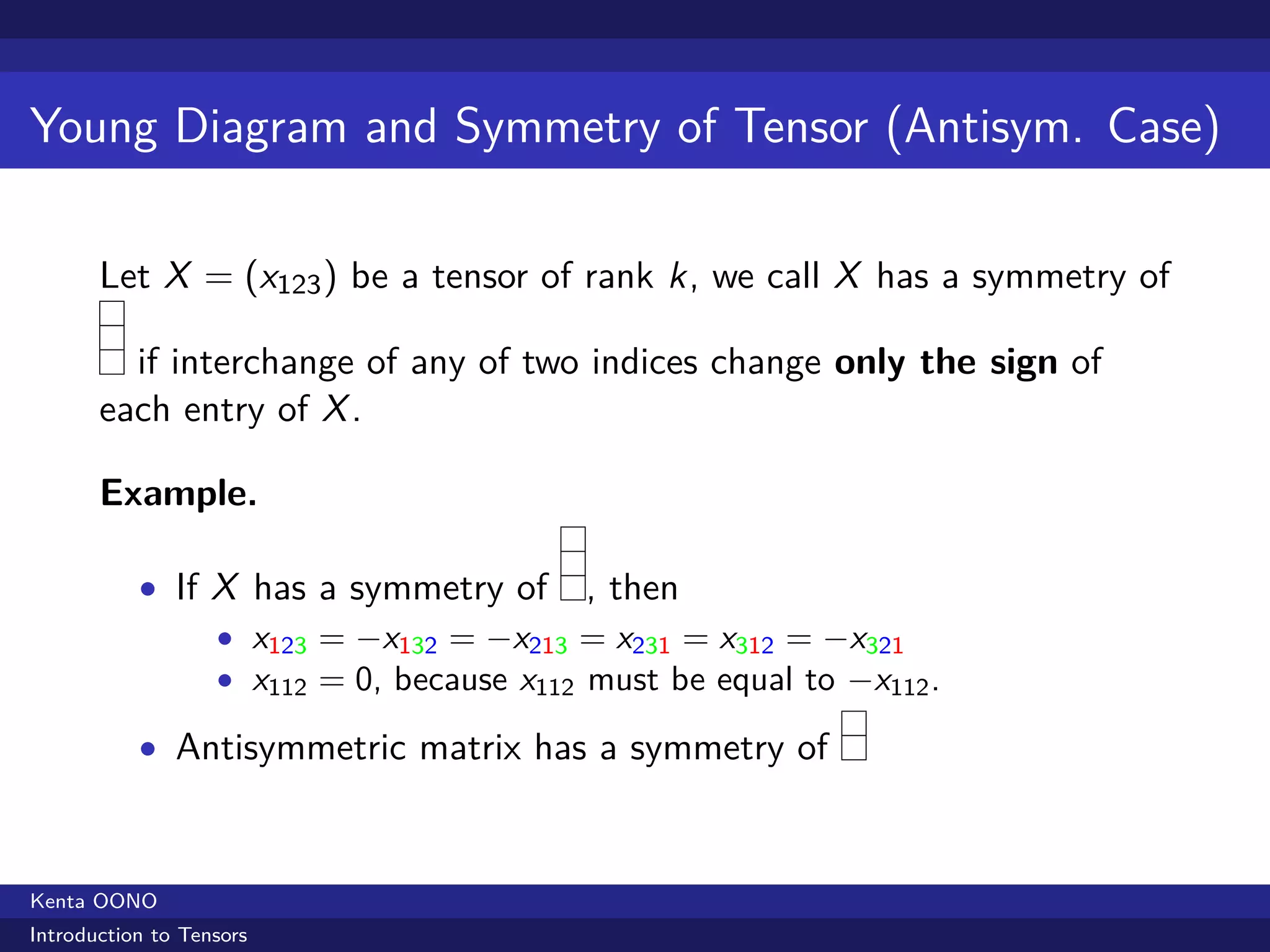 Young Diagram and Symmetry of Tensor (Antisym. Case)

       Let X = (x123 ) be a tensor of rank k, we call X has a symmetry of

         if interchange of any of two indices change only the sign of
       each entry of X .

       Example.

           • If X has a symmetry of , then
                • x123 = −x132 = −x213 = x231 = x312 = −x321
                • x112 = 0, because x112 must be equal to −x112 .

           • Antisymmetric matrix has a symmetry of



Kenta OONO
Introduction to Tensors
 