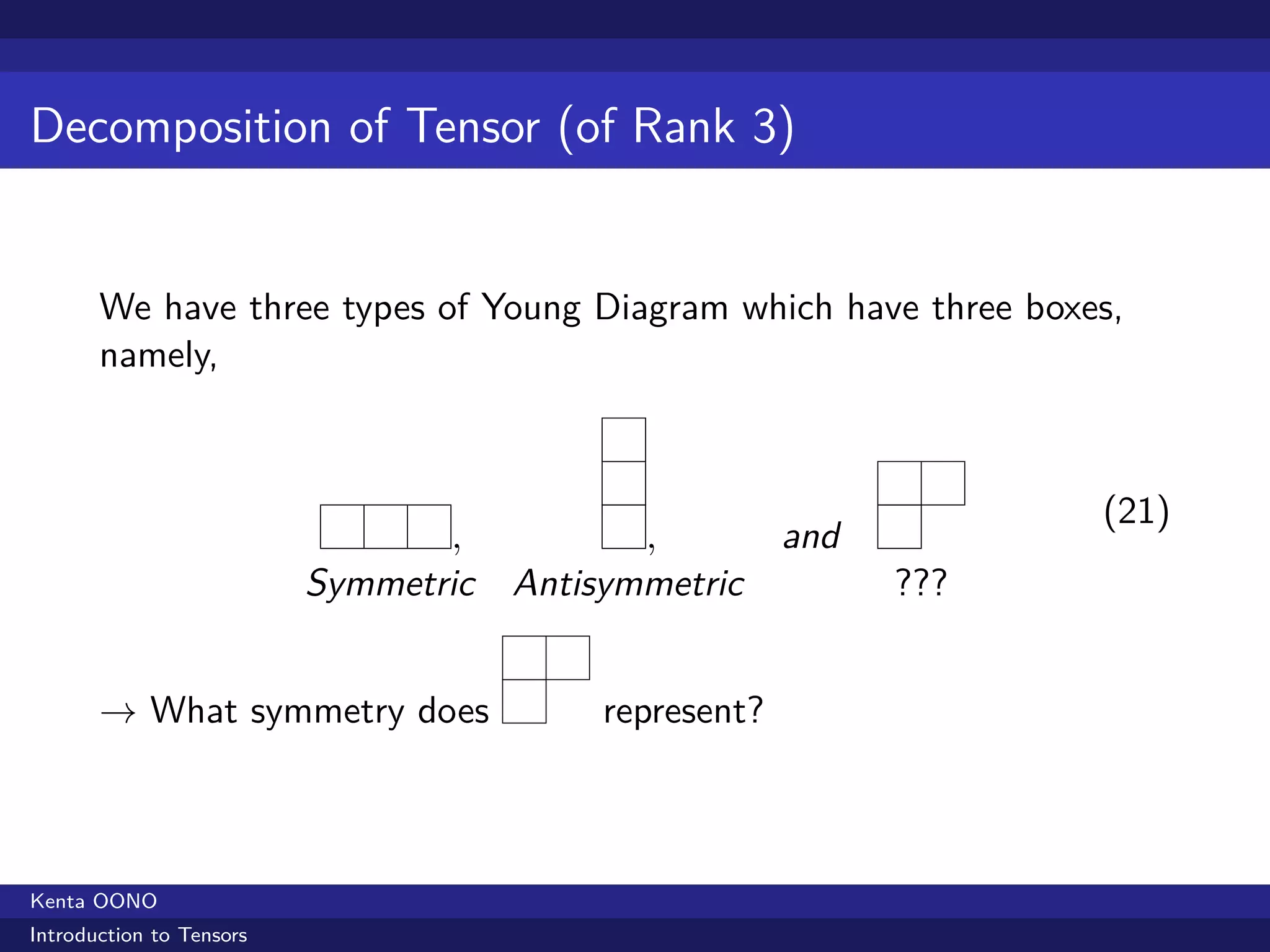 Decomposition of Tensor (of Rank 3)


       We have three types of Young Diagram which have three boxes,
       namely,



                                                                 (21)
                                 ,         ,      and
                          Symmetric Antisymmetric       ???


       → What symmetry does              represent?



Kenta OONO
Introduction to Tensors
 