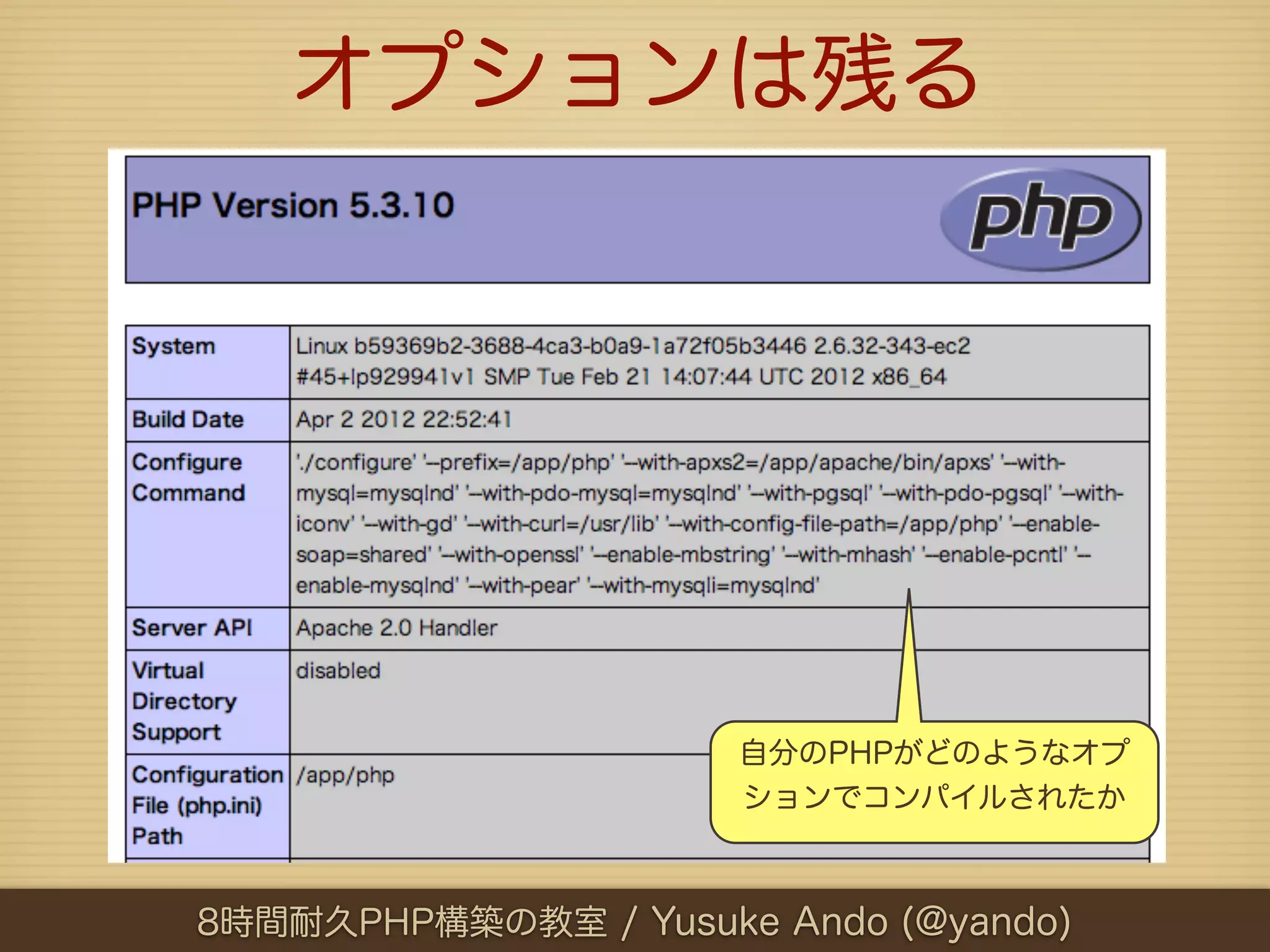 オプションは残る




                      自分のPHPがどのようなオプ
                      ションでコンパイルされたか



8時間耐久PHP構築の教室 / Yusuke Ando (@yando)
 