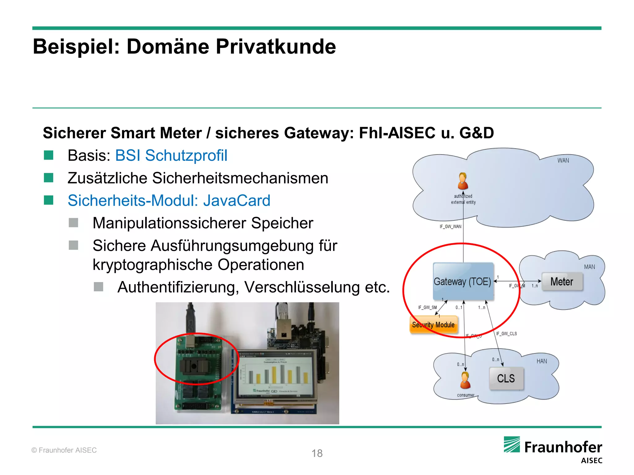 Beispiel: Domäne Privatkunde



   Sicherer Smart Meter / sicheres Gateway: FhI-AISEC u. G&D
    Basis: BSI Schutzprofil
    Zusätzliche Sicherheitsmechanismen
    Sicherheits-Modul: JavaCard
       Manipulationssicherer Speicher
       Sichere Ausführungsumgebung für
         kryptographische Operationen
          Authentifizierung, Verschlüsselung etc.




© Fraunhofer AISEC
                                    18
 