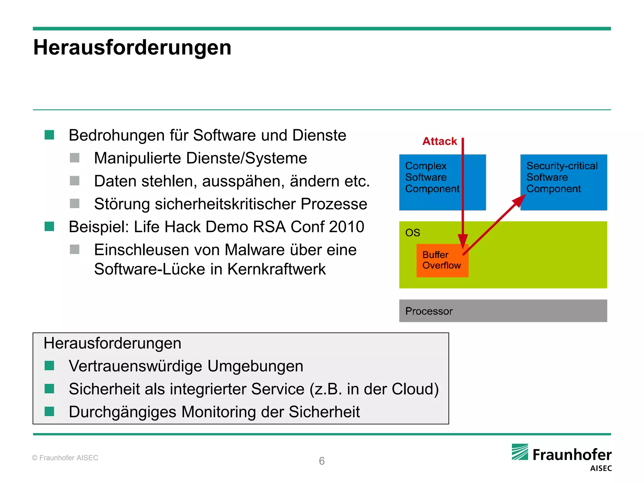 Herausforderungen



    Bedrohungen für Software und Dienste
      Manipulierte Dienste/Systeme
      Daten stehlen, ausspähen, ändern etc.
      Störung sicherheitskritischer Prozesse
    Beispiel: Life Hack Demo RSA Conf 2010
      Einschleusen von Malware über eine
        Software-Lücke in Kernkraftwerk



   Herausforderungen
    Vertrauenswürdige Umgebungen
    Sicherheit als integrierter Service (z.B. in der Cloud)
    Durchgängiges Monitoring der Sicherheit

© Fraunhofer AISEC
                                          6
 