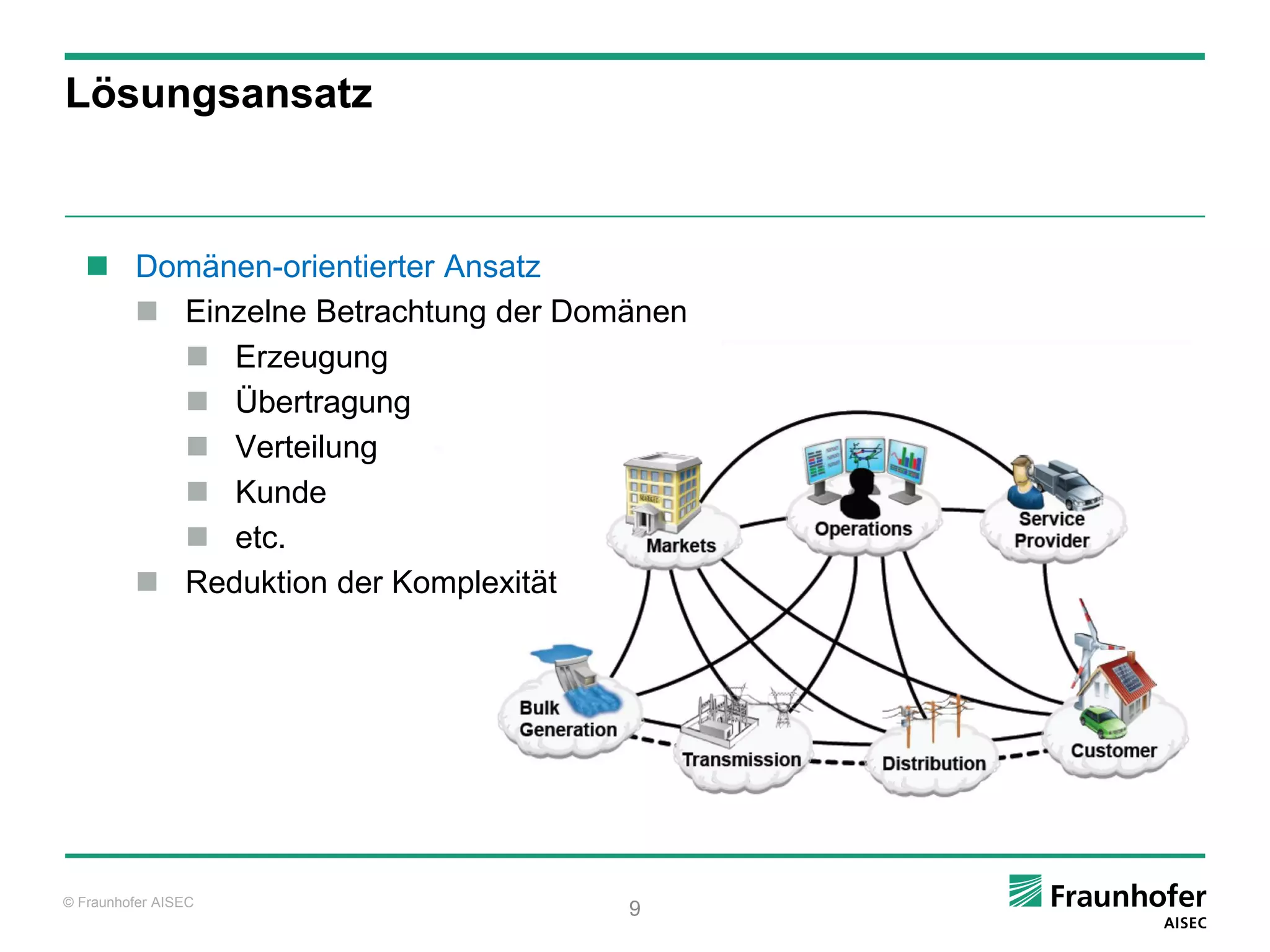 Lösungsansatz



    Domänen-orientierter Ansatz
      Einzelne Betrachtung der Domänen
        Erzeugung
        Übertragung
        Verteilung
        Kunde
        etc.
      Reduktion der Komplexität




© Fraunhofer AISEC
                                   9
 