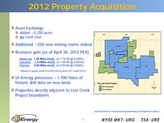 2012 Property Acquisition

Asset Exchange
  Added ~5,250 acres
  No Cash Cost
Additional ~250 new mining claims staked
Resource gain (as of April 30, 2012 PEA)
  Measured: 1.26 Mlbs eU3O8 (in 1.16 Mt @ 0.054%)
  Indicated: 1.33 Mlbs eU3O8 (in 1.55 Mt @ 0.043%)
  Inferred:  0.85 Mlbs eU3O8 (in 0.93 Mt @ 0.048%)
  * Based on grade cutoff of 0.02% eU3O8 and a GT cutoff of 0.3


Ur-Energy possesses ~1,100 holes of
historic drill data on new lands
Properties directly adjacent to Lost Creek
Project boundaries


                                                                  See Disclaimer re Forward-looking Statements and Projections (slide 2)



                                                           17            N YSE M KT: UR G                          TSX : UR E
 