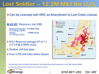Lost Soldier – 12.2M M&I lbs U3O8
   Can be Licensed with NRC as Amendment to Lost Creek License


 NI 43-101 Resource | July 2006
   Measured & Indicated: 12.2 Mlbs eU3O8
   (in 9.4 Mt @ 0.065%)
   Inferred:              1.8 Mlbs eU3O8
   (in1.6 Mt @ 0.055%)



   M & I Resource average GT of 1.1
   (17.2 ft @ 0.065% U3O8)
   Shallow: 240 feet deep
   Over 3,700 drill holes define deposit


  (Technical Report on the Lost Soldier Project, Wyoming, C. Stewart Wallis, Roscoe Postle Associates Inc., July 10, 2006 - Posted on SEDAR)

  See Disclaimer re Forward-looking Statements and Projections (slide 2)



                                                                              22                    N YSE M KT: UR G                           TSX : UR E
 