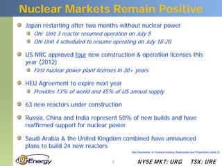 Nuclear Markets Remain Positive
 Japan restarting after two months without nuclear power
    Ohi Unit 3 reactor resumed operation on July 5
    Ohi Unit 4 scheduled to resume operating on July 18-20

 US NRC approved four new construction & operation licenses this
 year (2012)
    First nuclear power plant licenses in 30+ years

 HEU Agreement to expire next year
    Provides 13% of world and 45% of US annual supply

 63 new reactors under construction

 Russia, China and India represent 50% of new builds and have
 reaffirmed support for nuclear power

 Saudi Arabia & the United Kingdom combined have announced
 plans to build 24 new reactors
                                            See Disclaimer re Forward-looking Statements and Projections (slide 2)


                                    8           N YSE M KT: UR G                          TSX : UR E
 