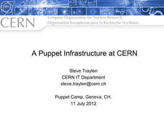 A Puppet Infrastructure at CERN

            Steve Traylen
        CERN IT Department
        steve.traylen@cern.ch

      Puppet Camp, Geneva, CH.
             11 July 2012
 