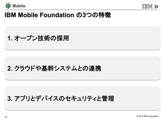 Mobile

IBM Mobile Foundation の3つの特徴


     1. オープン技術の採用



     2. クラウドや基幹システムとの連携



     3. アプリとデバイスのセキュリティと管理

15                             © 2012 IBM Corporation
 
